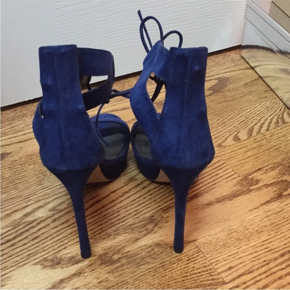 Stuart Weitzman Blue Suede Platform Heels 7.5 Made in Spain Lace-Up Stiletto